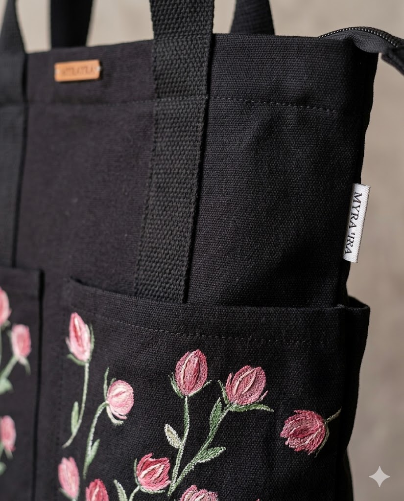 Rosebuds Hand-Painted Canvas Tote Bag detail 2