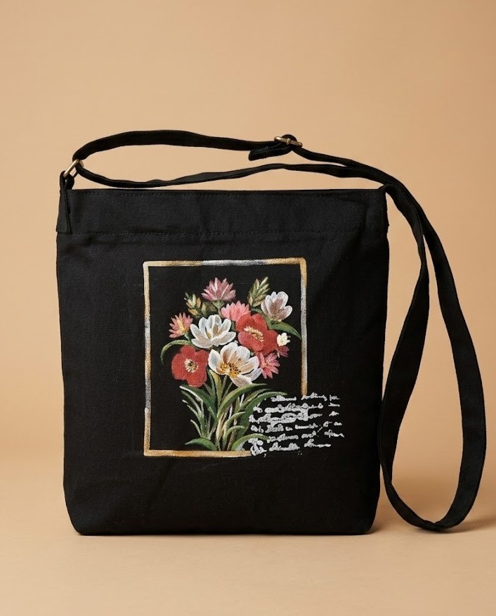 Floral Frame Handpainted Canvas Shoulder Bag — hand-painted by Brushup