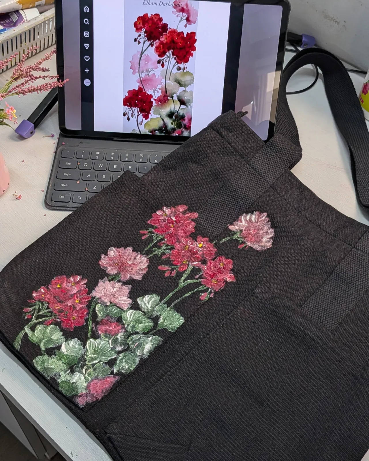 Geranium Hand-Painted Canvas Tote Bag — hand-painted by Brushup