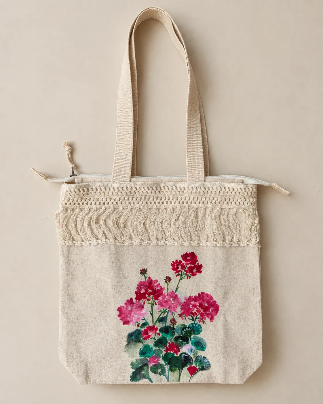 Geranium Hand-Painted Lace Detialed Tote Bag — hand-painted by Brushup