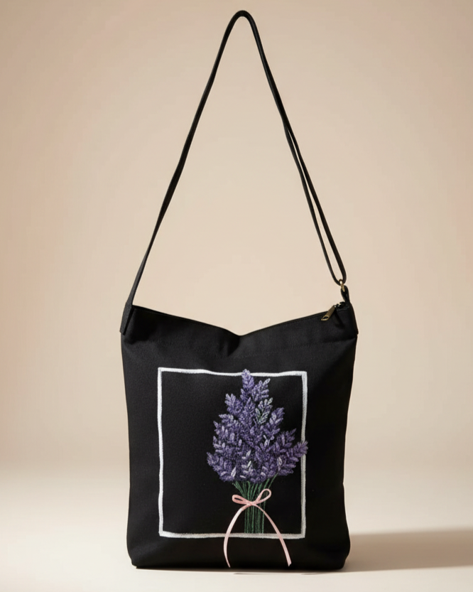 Lavender Bouquet Hand-Painted Shoulder bag — hand-painted by Brushup