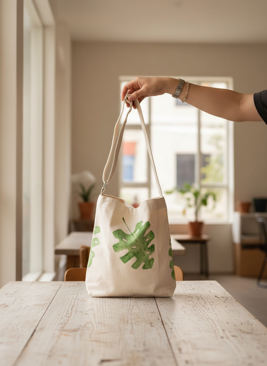 Monstera Leaf Hand Painted Shoulder Bag detail 2