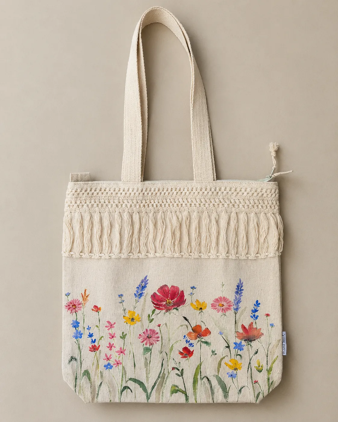 Multifloral bloom Hand-Painted  Lace Detailed Tote Bag — hand-painted by Brushup