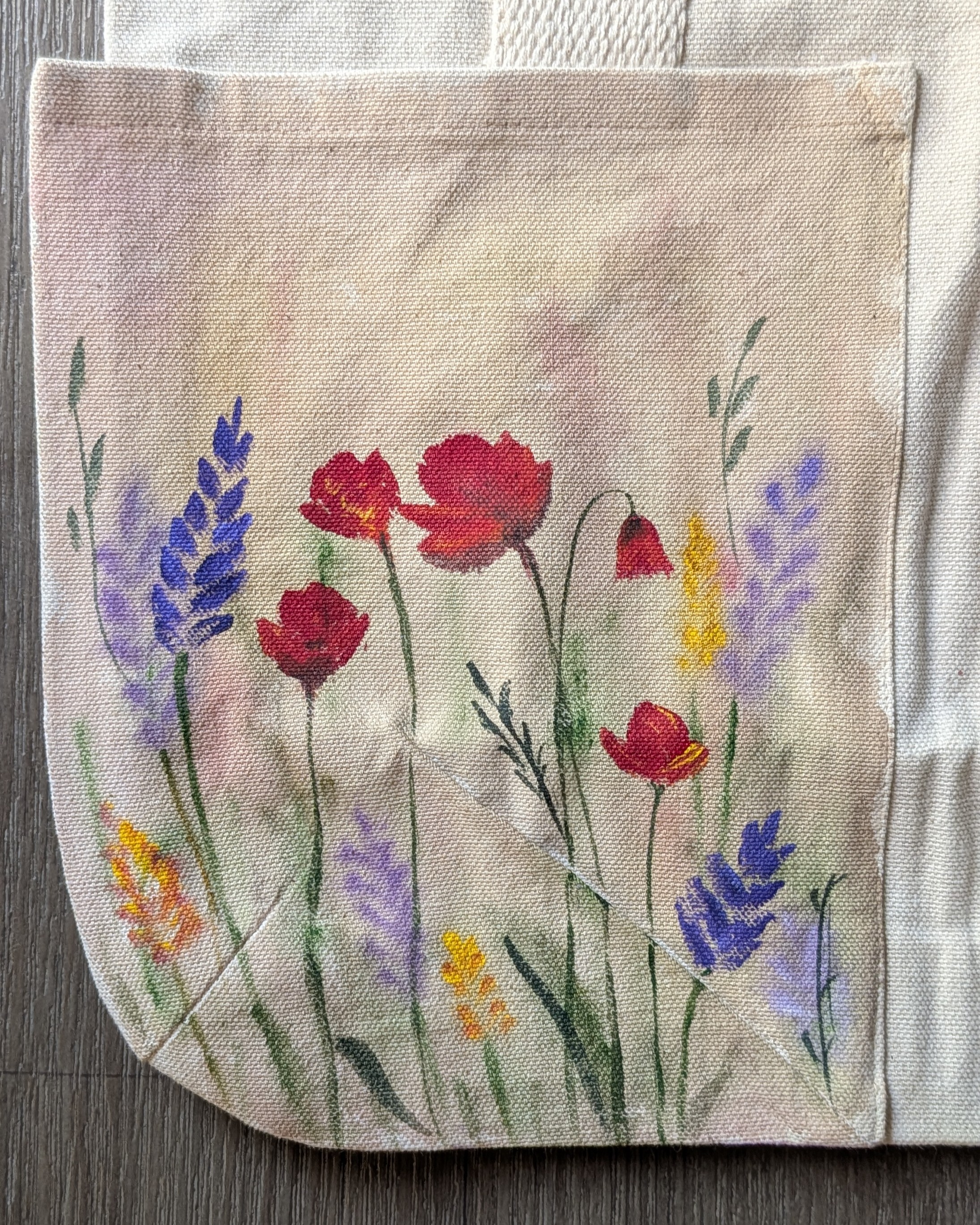 Poppy & Lavender Watercolour Hand-Painted Canvas Tote Bag detail 2