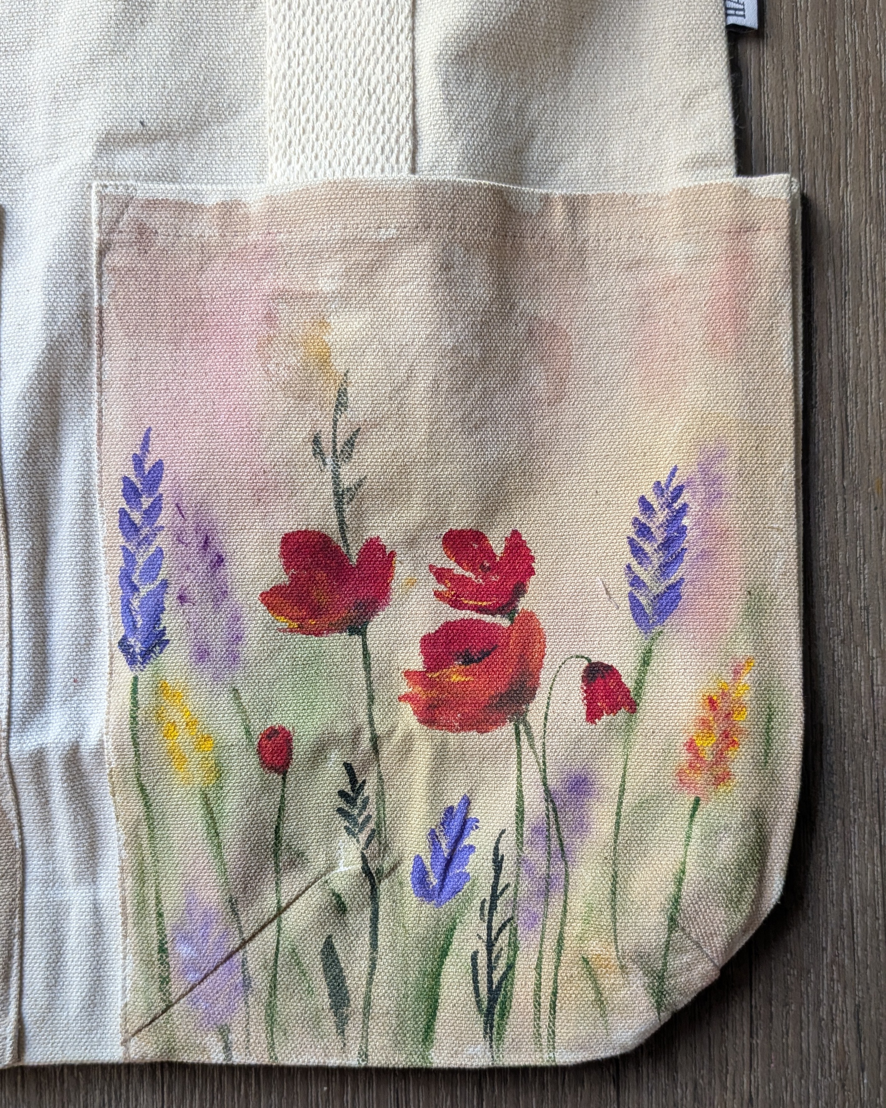 Poppy & Lavender Watercolour Hand-Painted Canvas Tote Bag detail 3