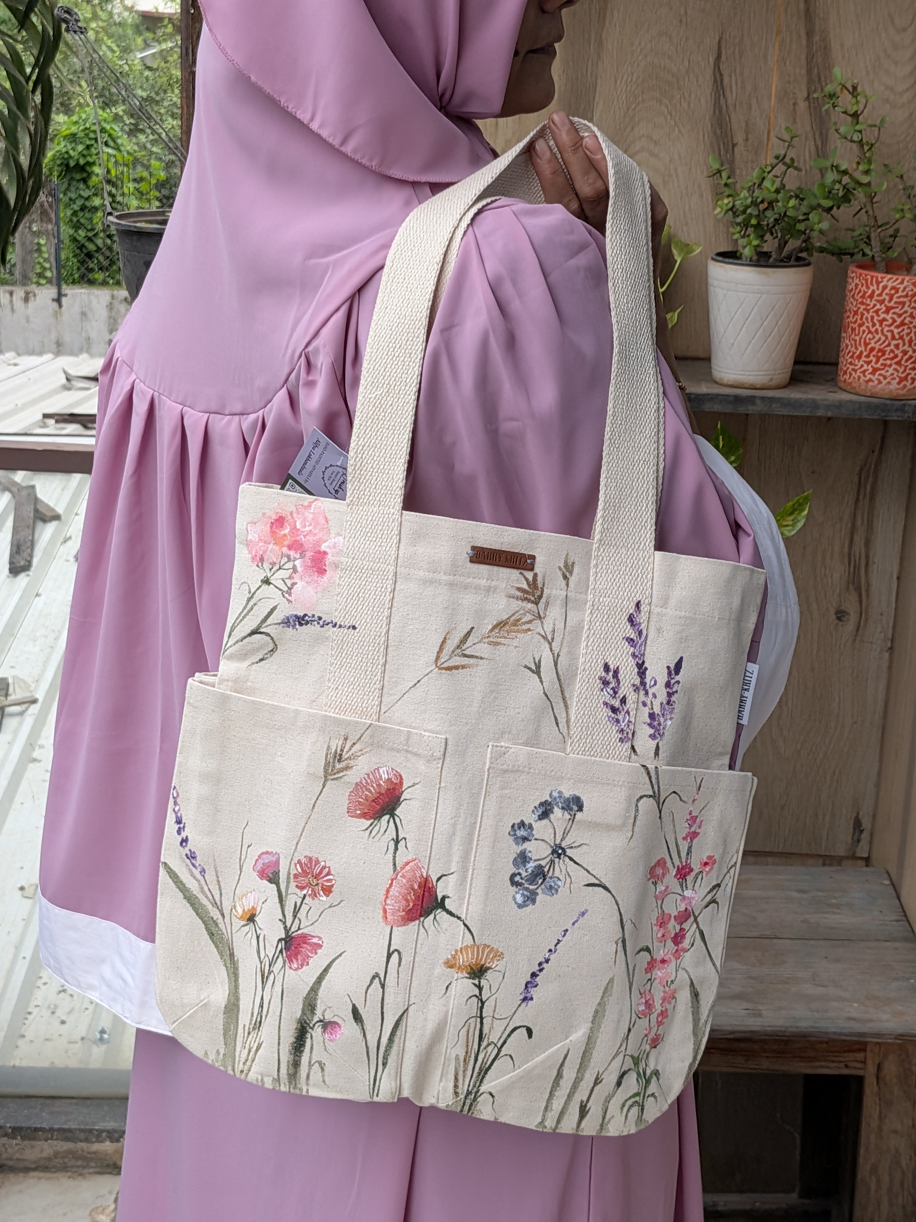Spring blooms Hand-Painted Canvas Tote Bag — hand-painted by Brushup
