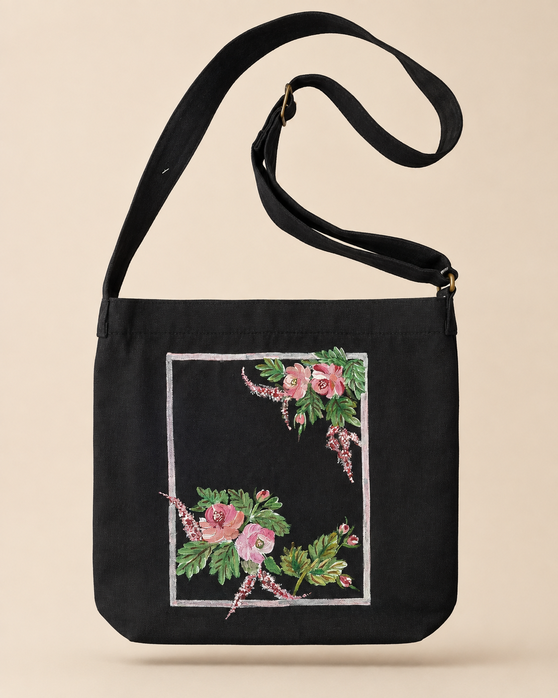 Rose Bunch Hand-Painted Shoulder Bag (Black) — hand-painted by Brushup